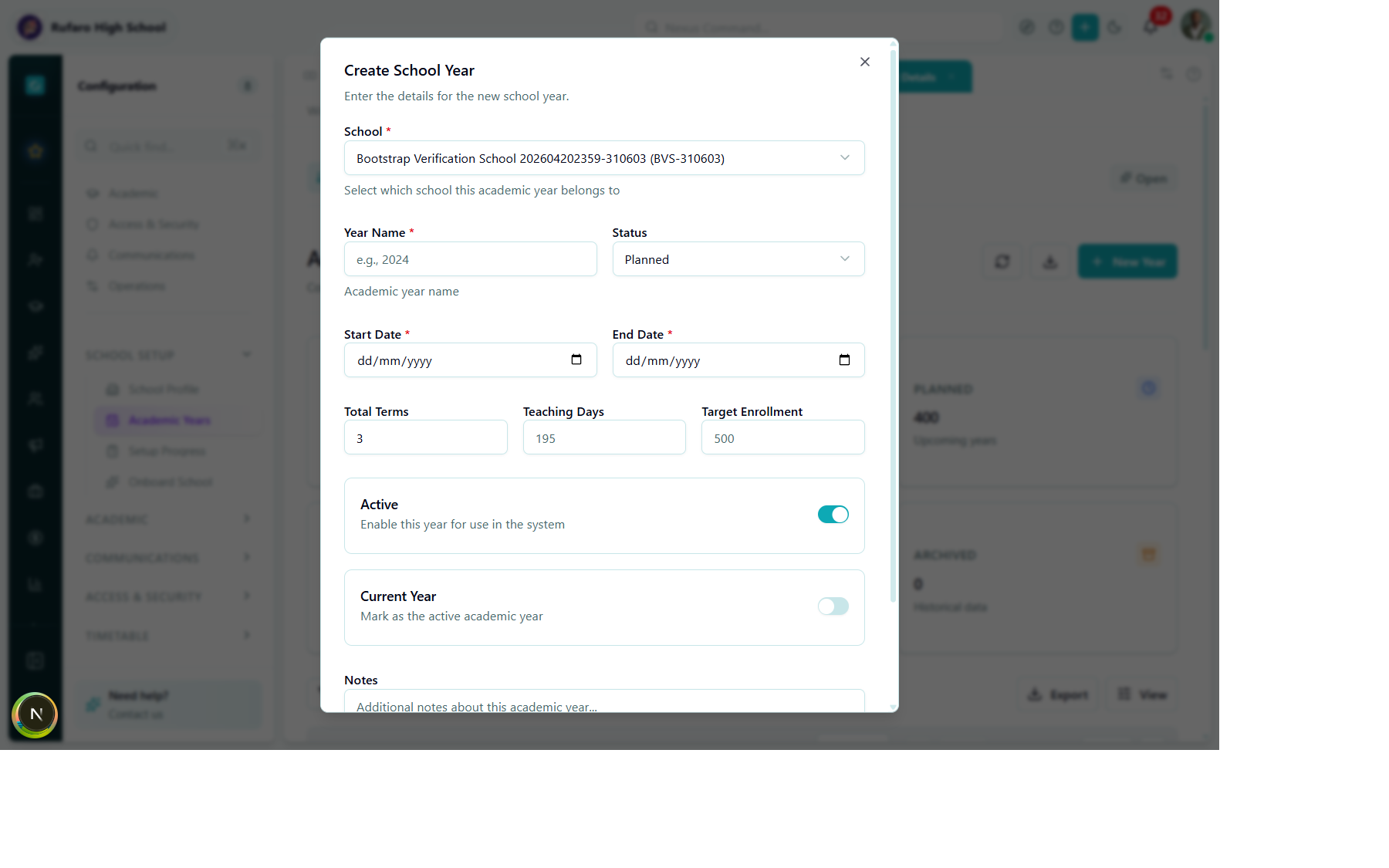 Create School Year dialog with school, year name, status, start/end dates, terms, and Current Year toggle
