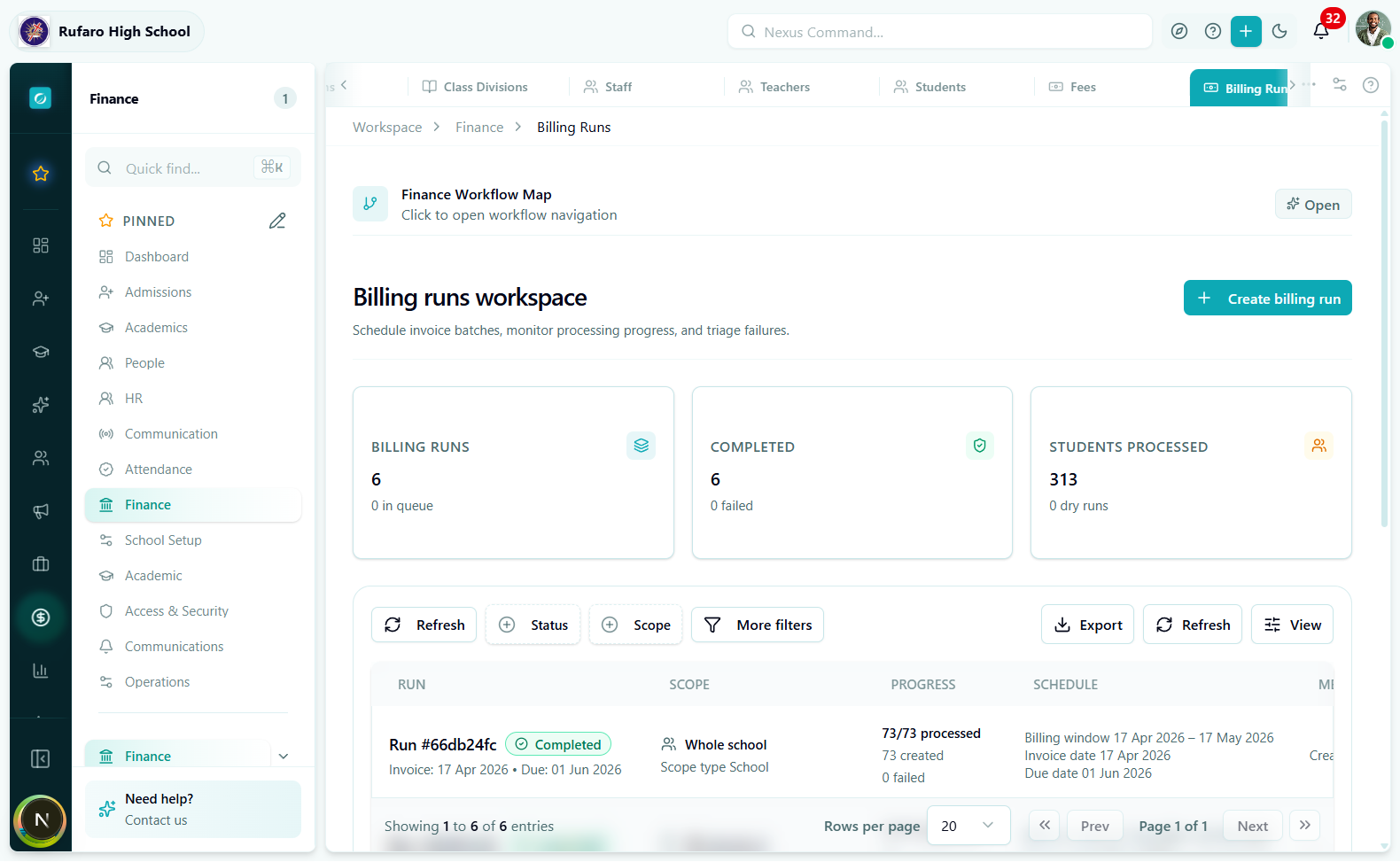 Finance Billing Runs page with run list and status