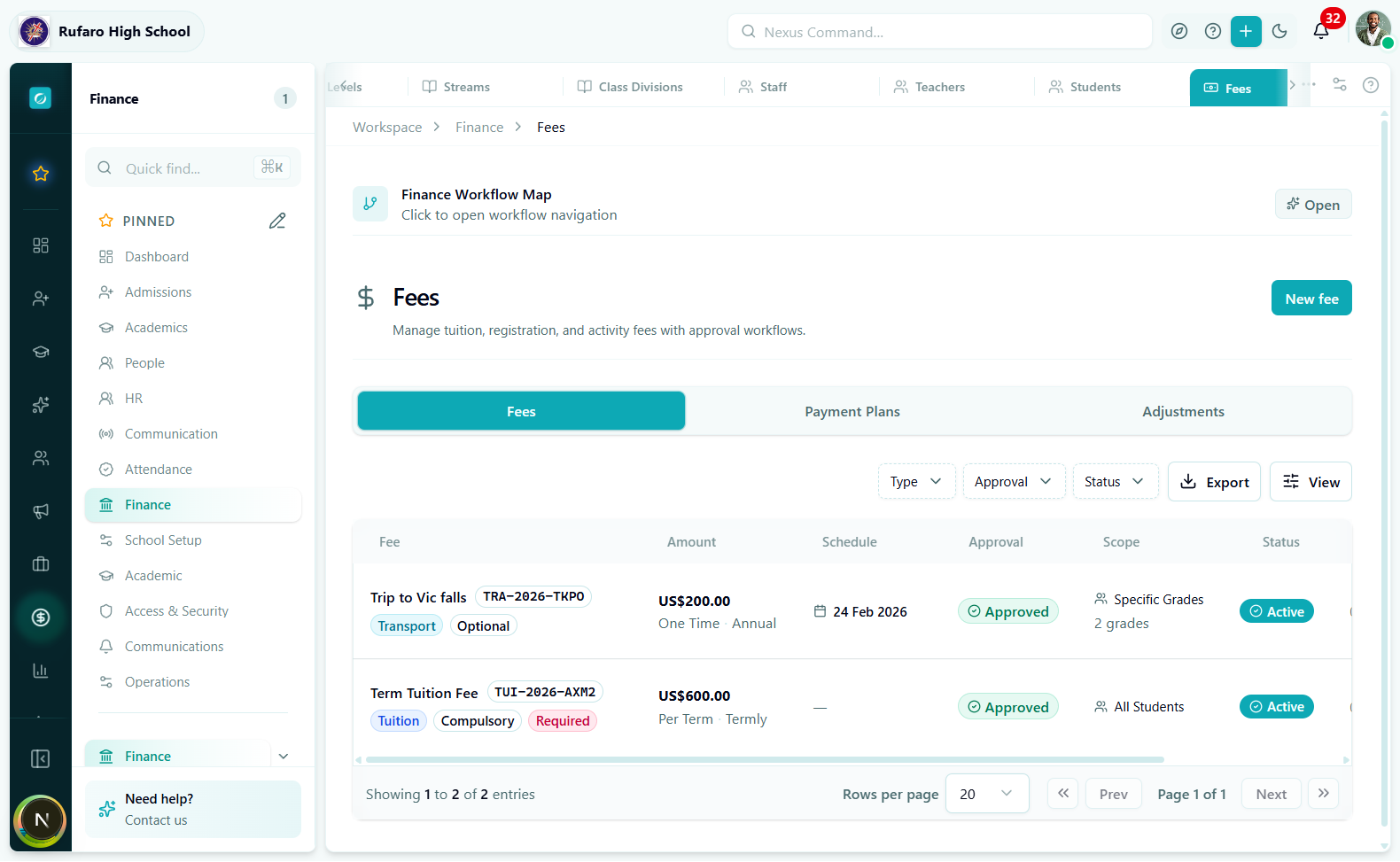 Finance Fees page listing Term Tuition Fee and Transport fee with amount, schedule, approval status, and scope
