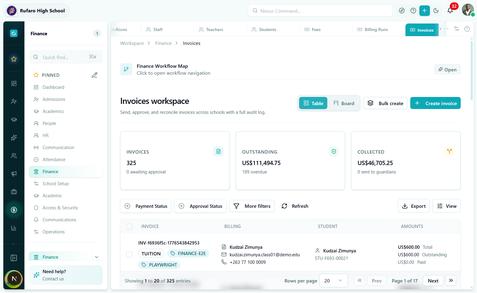 Finance Invoices page listing student invoices with amount, status, and due date