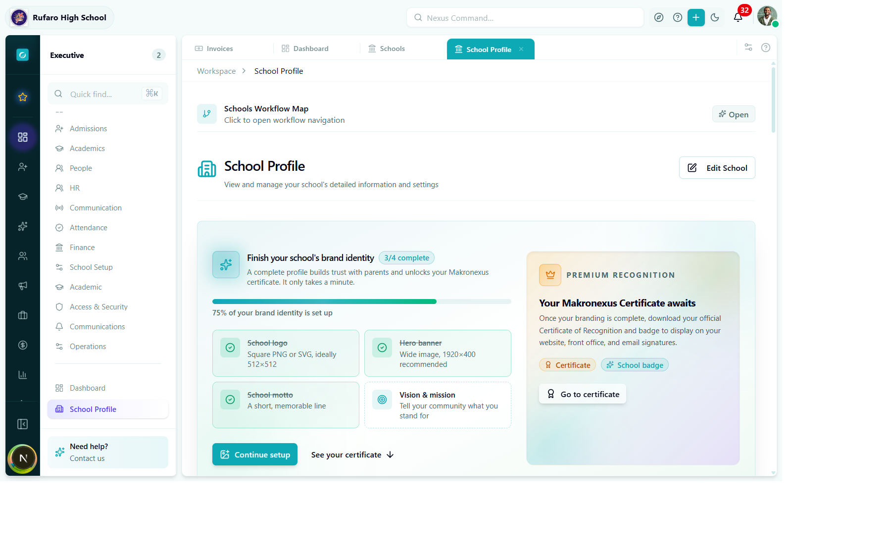 School Profile page showing brand identity completion status and Edit School button