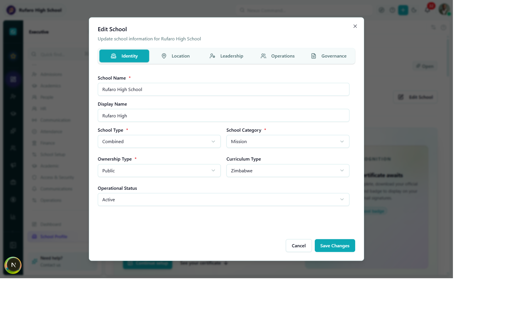 Edit School dialog — Identity tab with school name, type, category, and operational status fields