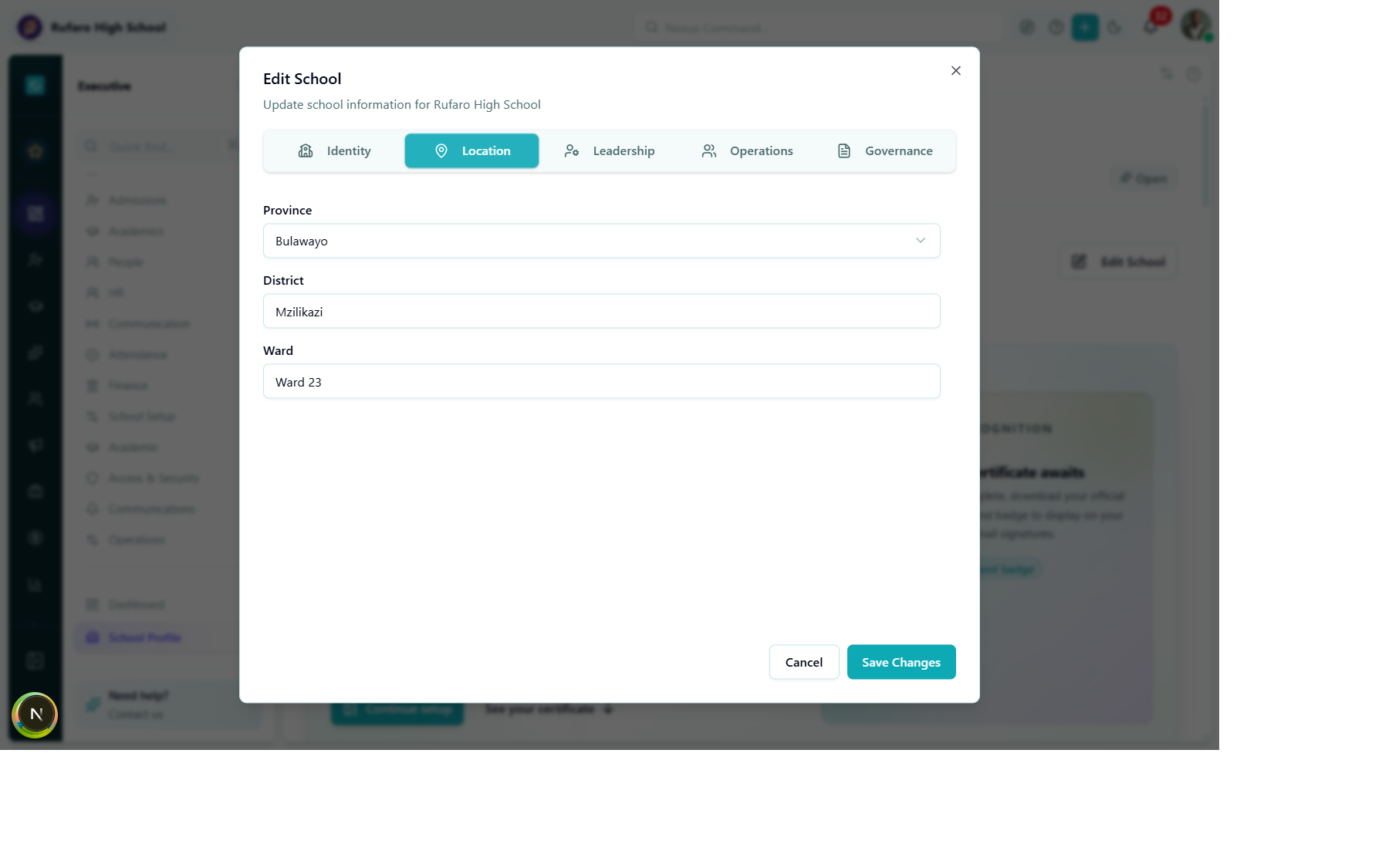 Edit School dialog — Location tab with Province, District, and Ward fields