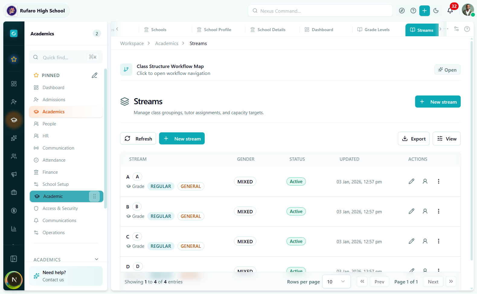 Streams page listing streams A through D with gender mix, status, and last-updated columns