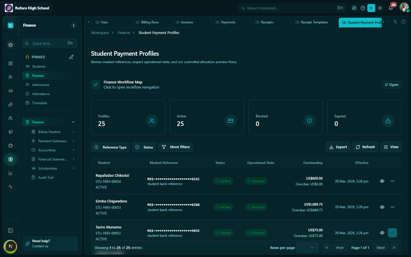 Student Payment Profiles showing student list with account status, outstanding balance, and gateway reference