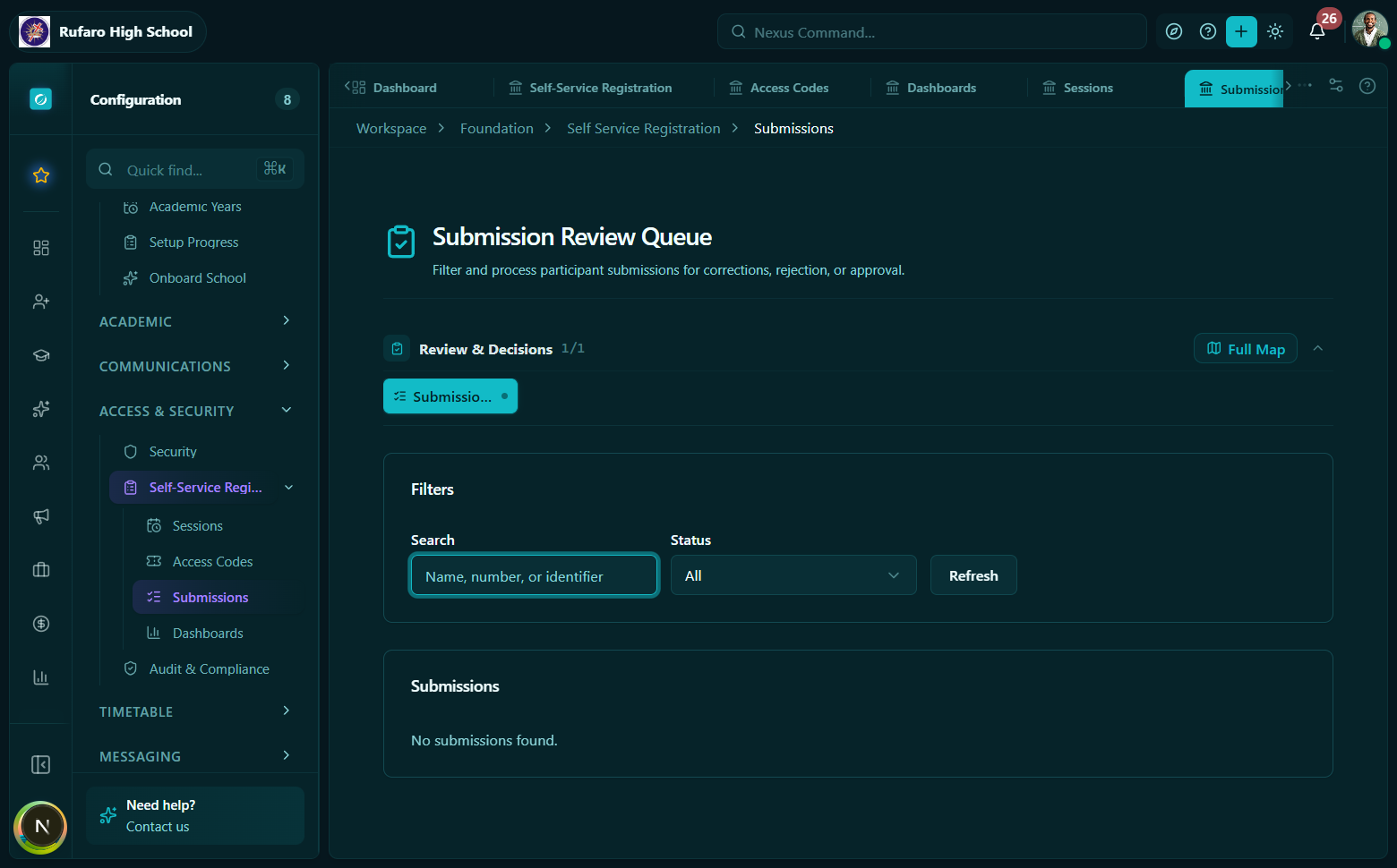 Submission review queue showing list of submissions with status badges, names, and action buttons