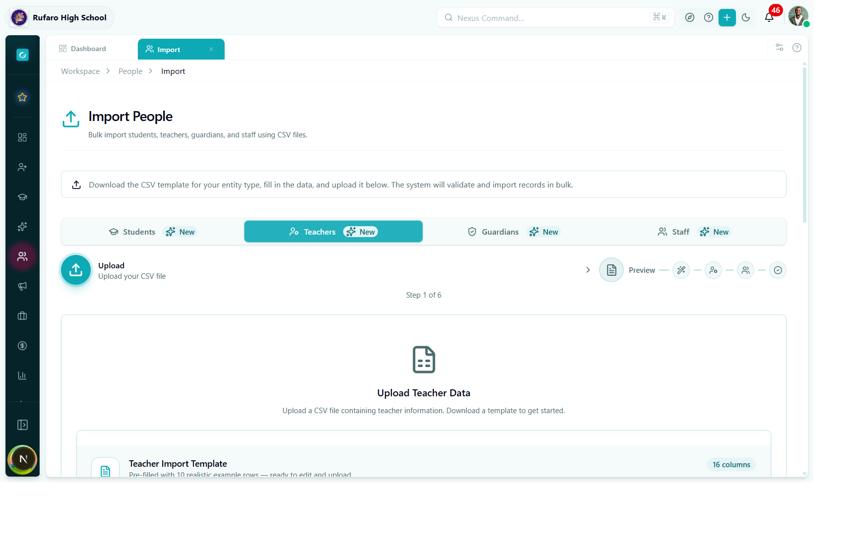 People › Import page with the Teachers tab selected, showing the teacher import wizard start screen.