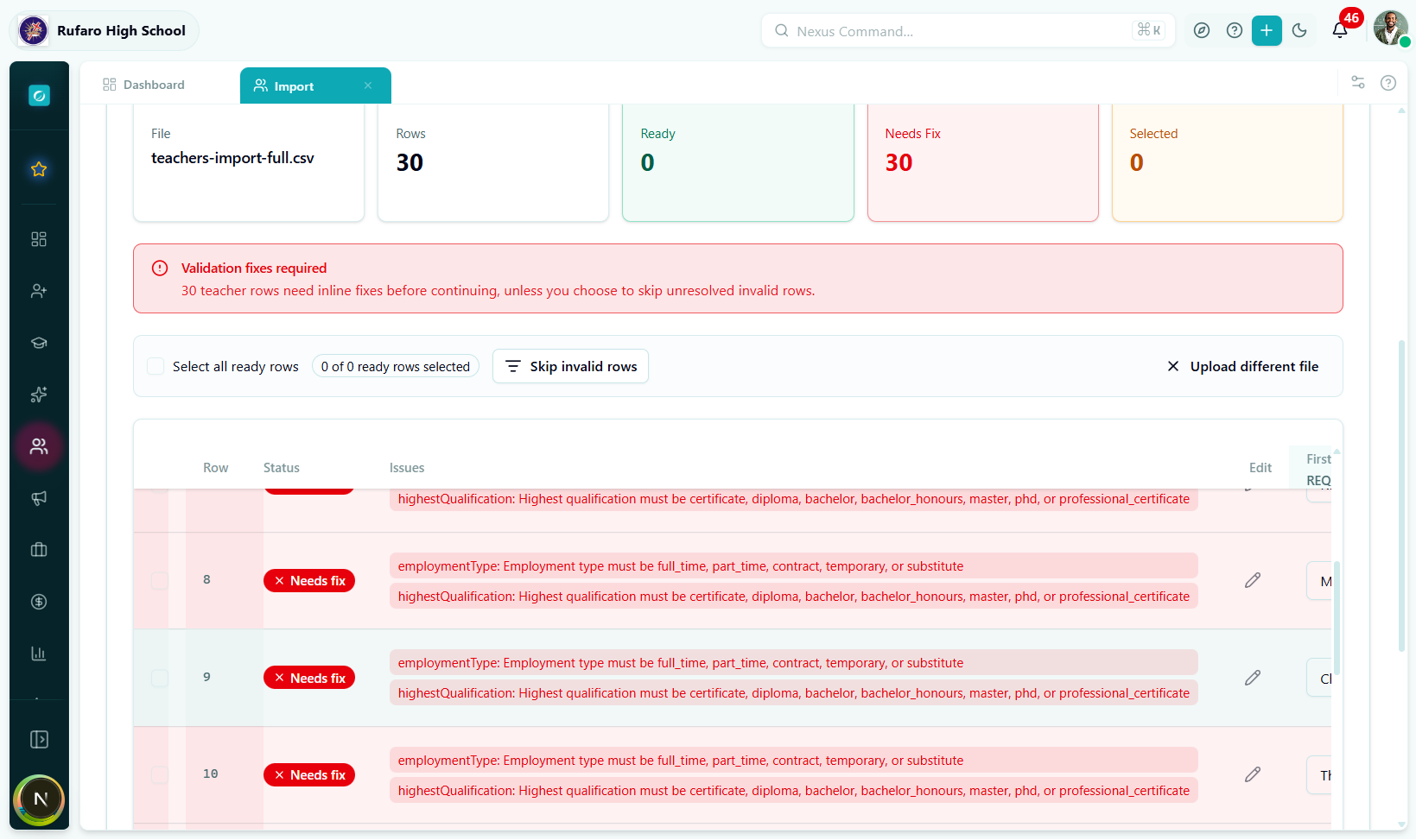 Preview table for teacher import showing 48 rows. Row 7 has a red left border. A counter shows "1 error".