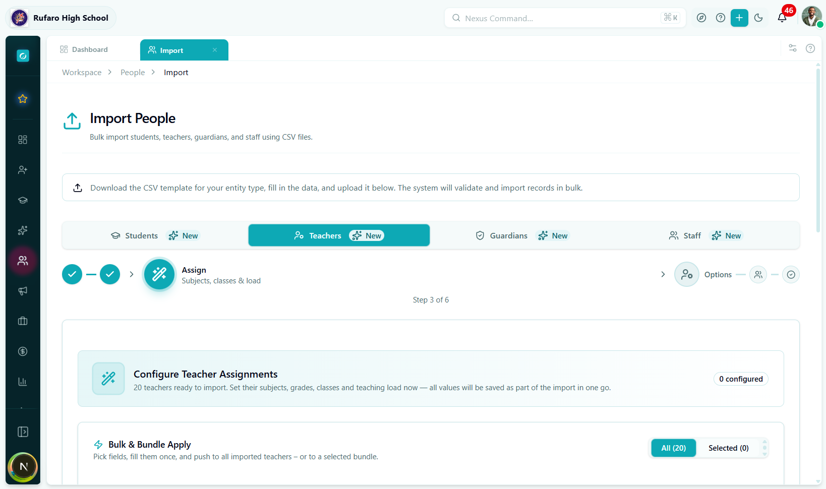 Assign step showing a list of teacher names. The first teacher is expanded with accordion sections: Subjects &amp; Classes, Qualifications, Profile.