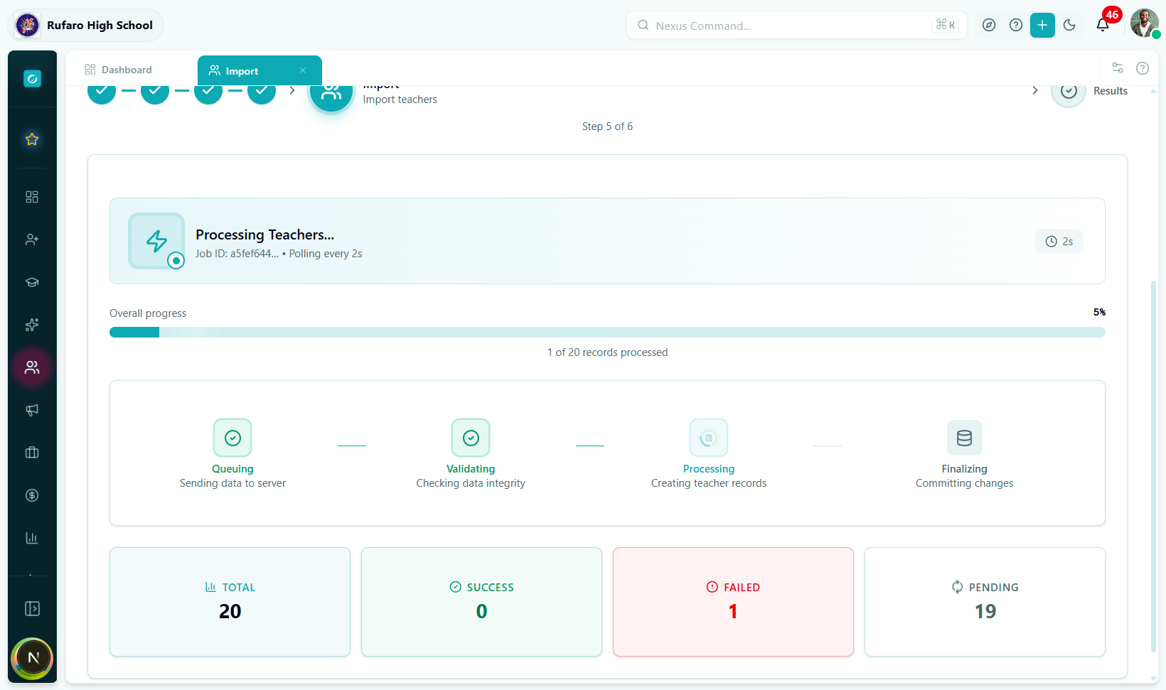 Import processing screen showing a progress bar at 41%, counter "20 / 48 teachers processed", and elapsed time.