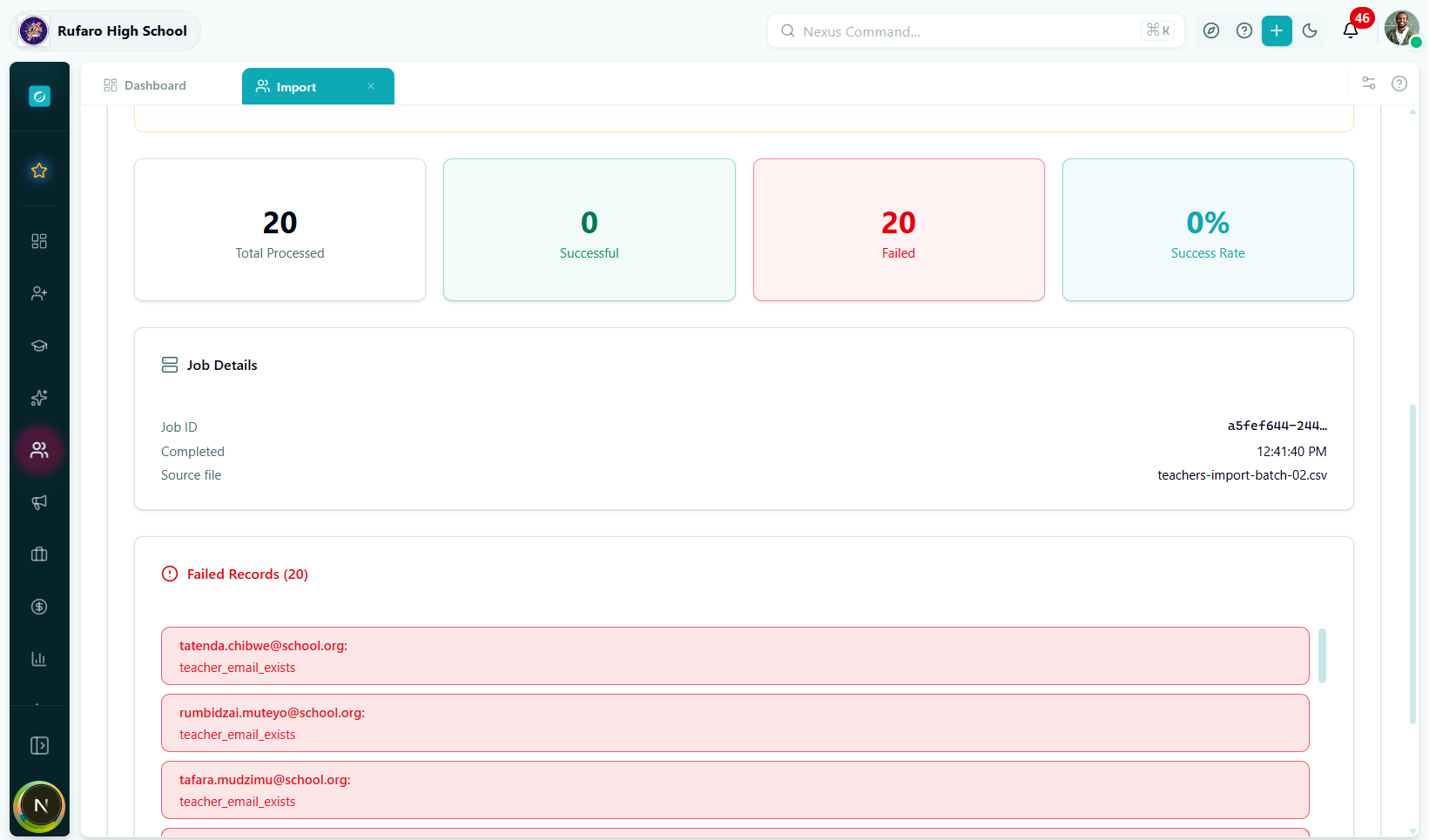 Results screen showing "48 teachers imported successfully" in green, with a sub-note "2 subject assignments failed and require manual setup".