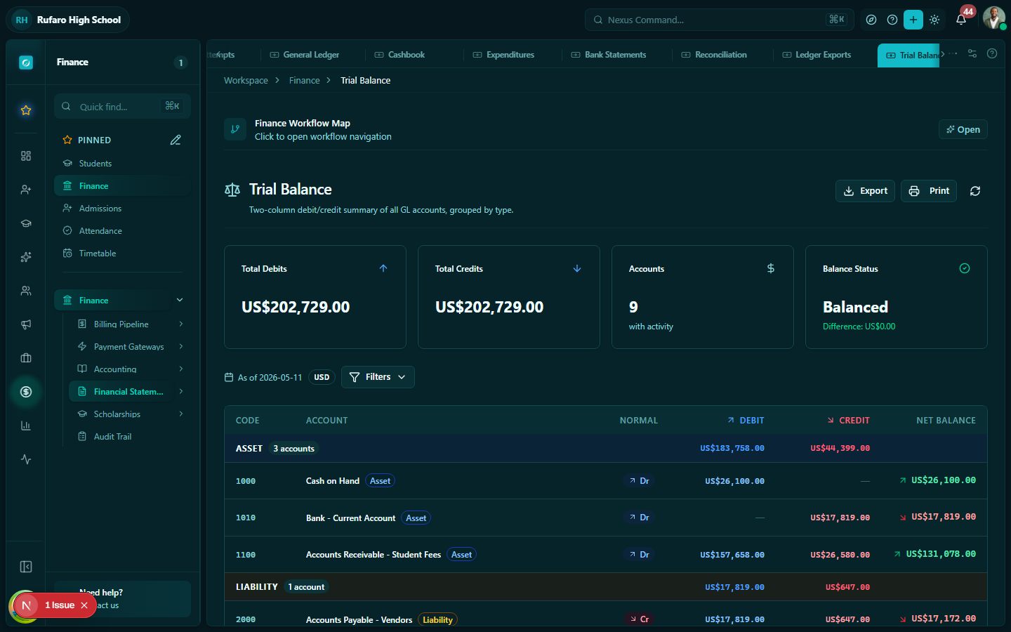 Trial Balance showing accounts grouped by type with debit and credit totals confirming they balance